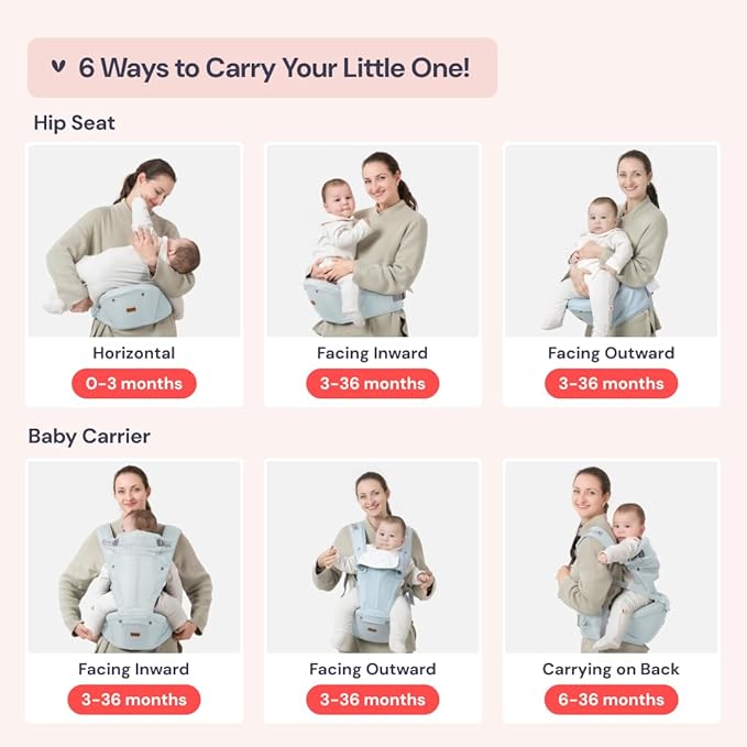 BabbleRoo Grow Carrier – Safety-Certified 6-in-1 Baby Carrier with Hip Seat, Ergonomic & Adjustable Toddler Carrier 7-50 lbs with Hip Support, Hood for Sun Protection, Newborn to Toddler, Seafoam