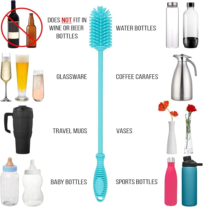 12.5” Silicone Bottle Brush & Straw Cleaner Brush Set | Water Bottle Cleaner for Hydro Flasks, Tumblers, Glassware, Vases and Narrow Neck Containers
