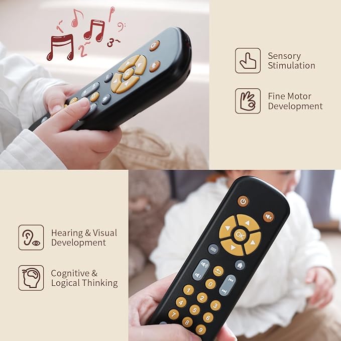 Nueplay Baby TV Remote Control Toy with Light and Sound, Toddler Realistic Controller with 3 Languages, Early Educational Learning Musical Toys, Preschool Infant Boys Girls 6, 12, 18 Months, Black