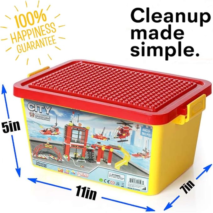 Liberty Imports 580 PCS City Fire Station Building Blocks Set - Marine Fire Rescue Toy Bricks Kit with Emergency Firefighter Patrol Ships & Helicopter - Storage Box with Baseplates Lid for Kids