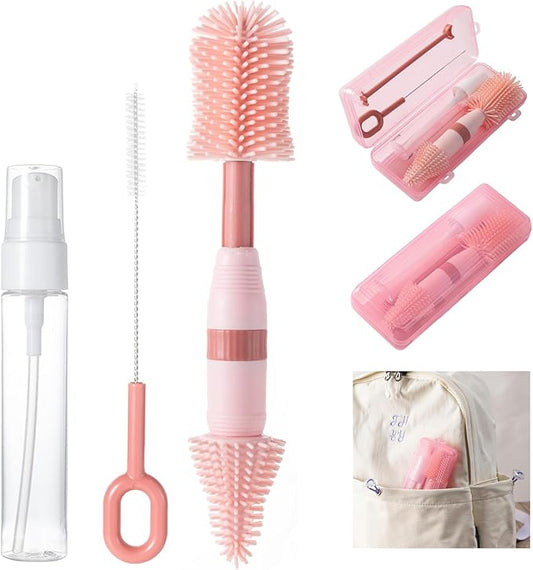 Travel Bottle Brush, 6-in-1 Portable Travel Bottle Cleaner Kit with Small Bottle Brush Built in Drying Rack, Nipple Brush, Straw Brush, Soap Dispenser, for Baby Bottles Under 8 OZ, BPA-Free(Pink)