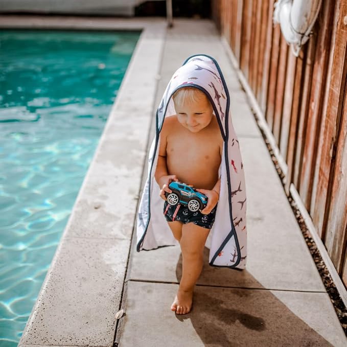 Little Unicorn Premium Hooded Bath Towel| Absorbent Cotton & Terry Blend | Larger Size, 1-6 Years (Shark)