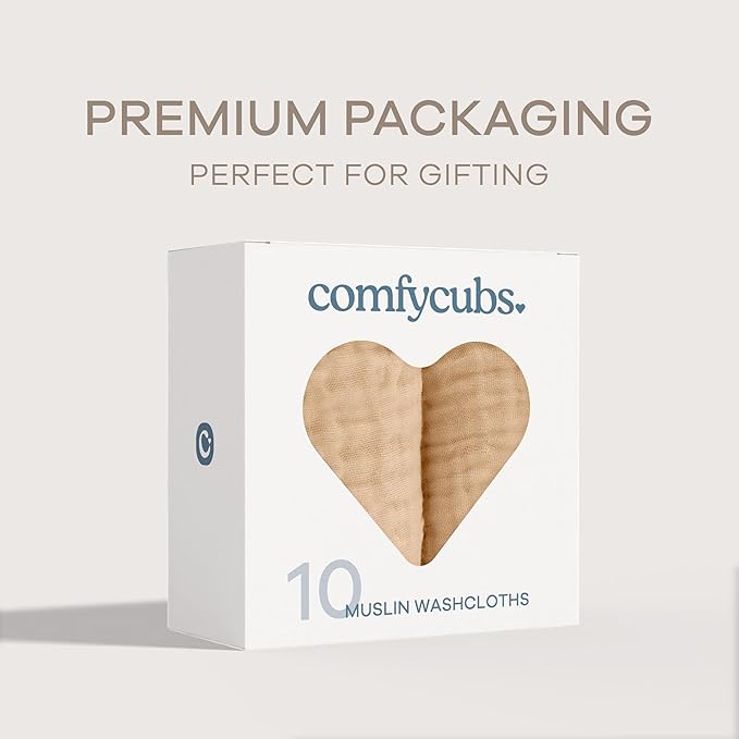 Comfy Cubs Muslin Baby Washcloths 10 Pack - Soft 6-Layer Cotton Wash Cloths for Sensitive Skin - 10"x10" Large, Gentle, Absorbent Infant Essentials for Newborn and Toddlers - Cream