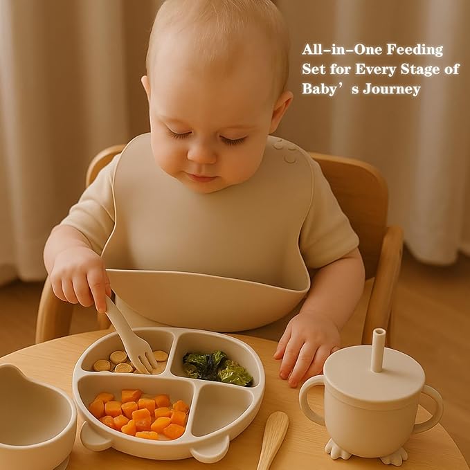 12 Piece BPA-Free Silicone Baby Feeding Set,Non-Slip Suction Plates,Soft Baby Bowls, Wooden Utensils & More ，Make Feeding Time Safe,Dishwasher Safe – Ideal for 6+ Months