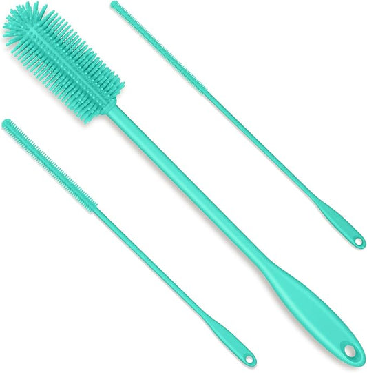 3-in-1 Silicone Bottle Brush and Straw Cleaning Brush Set, Water Bottle Cleaner for Narrow Neck Containers, Tumblers, Flask, Vase and Glassware (Teal)