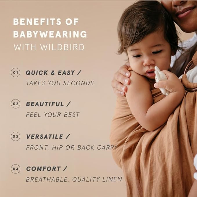 WildBird - Ring Sling Baby Carrier - Newborn to Up to 35 lbs - for Moms, Dads & Caregivers - 100% Natural European Linen Fibers - Versatile & Adjustable - 74” Size - Willow Fabric & Gold Ring