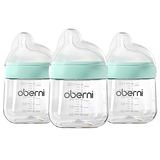 Baby Bottles with Slow Off-Centered Nipple for 0+ Months, Anti Colic Newborn Milk Feeding Bottle, 150ml/5oz/Blue/3Pack