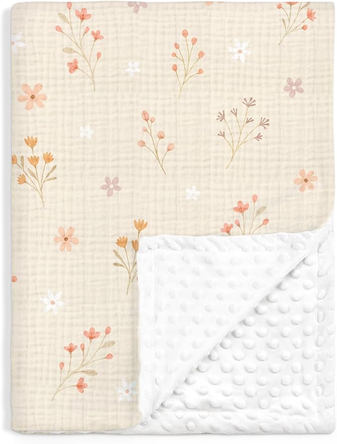 Floral Baby Blankets for Girls, Soft Nursery Minky Blankets with Muslin and Dotted Fleece Back 30x40 inches, Receiving Bed Quilt for Newborn, Infants, Toddlers