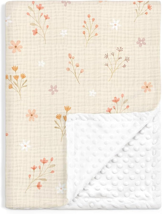 Floral Baby Blankets for Girls, Soft Nursery Minky Blankets with Muslin and Dotted Fleece Back 30x40 inches, Receiving Bed Quilt for Newborn, Infants, Toddlers