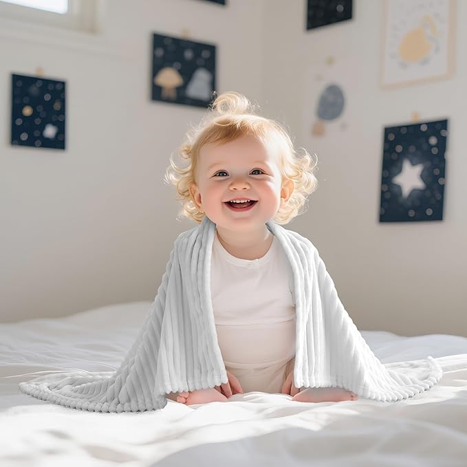 Soft Fleece Baby Blanket Ultra Cozy Grey Baby Blankets for Boys Warm and Lightweight Infant Toddler Newborn Receiving Gift with Reversible Stripes for Crib Stroller, 30x40 Inch, Light Grey