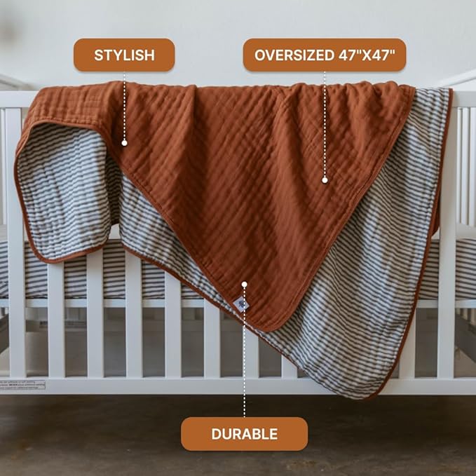 Parker Baby Muslin Blanket | 100% Soft Cotton Toddler Quilt & Baby Muslin Swaddle | Gender Neutral Design 47" x 47" Blanket