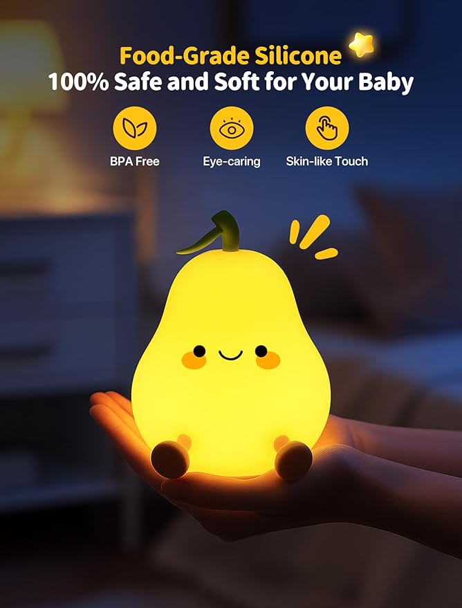Pear Night Light for Kids, Nursery Night Lights, Bedside Touch Lamp, Cute Silicone Nightlight for Baby Toddler, 3 Level Dimmable Soft Night Lamps Gift for Bedroom Kids Room Decor