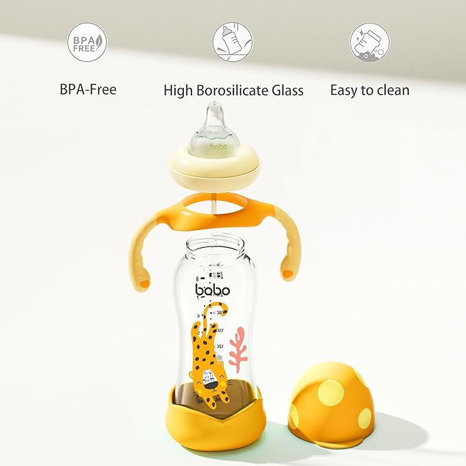 YOHKOH Natural Glass Baby Bottle with Natural Response Nipple, Wide Neck Baby Bottles with Handle, Newborn Anti-Colic Baby Bottles Gift Set, Clear (8.8oz (Pack of 4), Yellow)