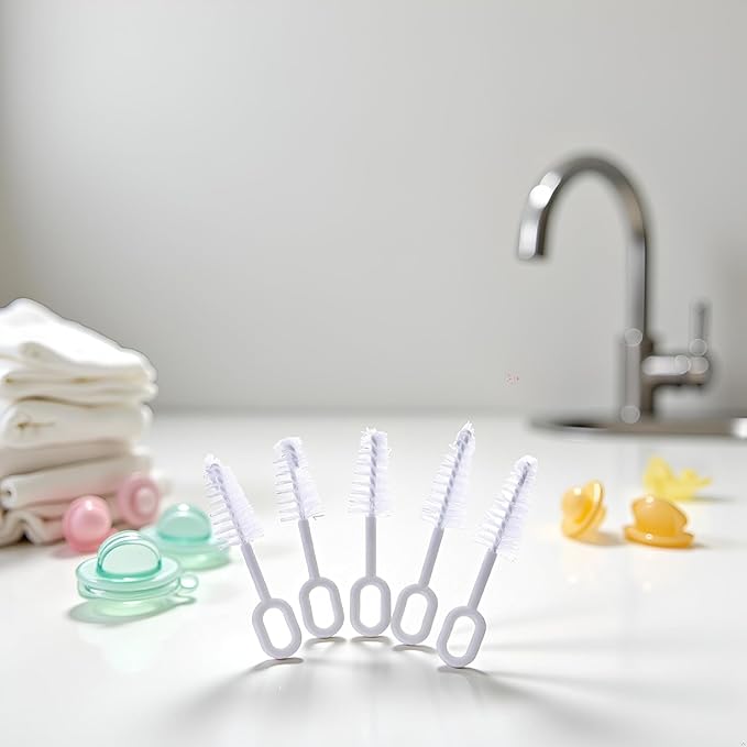 5 Pcs White Pacifier Cleaning Set,Nipple Cleaner Nipples Brush Cleaning Tools Professional Bristle High Density Pacifier Soother Accessories,Bottle-Feeding
