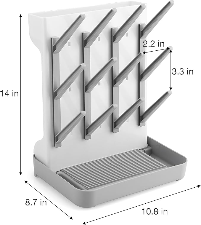 PandaEar Baby Bottle Drying Rack, Vertical Space-Saving Bottle Dryer Stand for Countertop with Removable Water Tray & Pegs, Holds Bottles, Nipples, Sippy Cups & Accessories, Grey