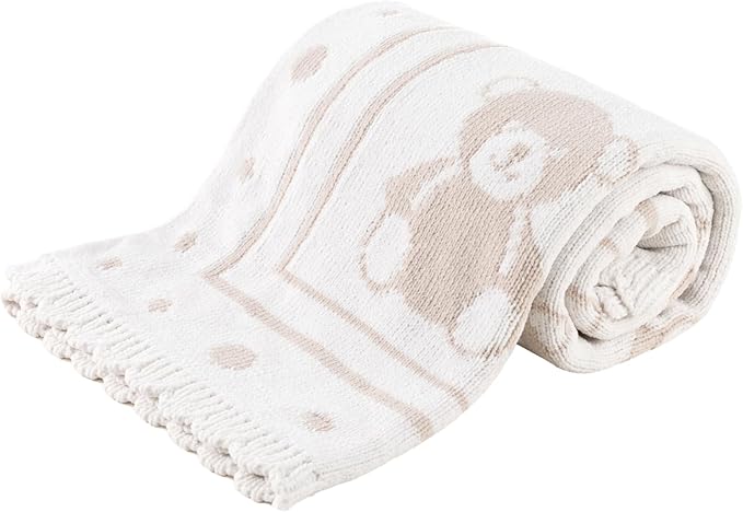 Berkshire Baby Blanket,Ultra-Plush Reversible Chenille Knit Toddler Blanket,Cute Pattern Nursery Crib Blanket,Ideal Baby Gift(30x40 Inches,Teddy Bear Knit White-Tan)