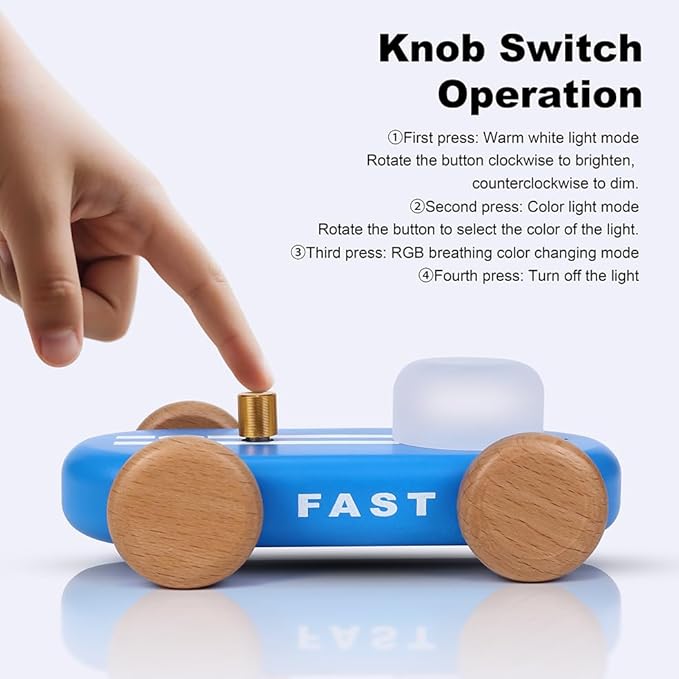 Wooden Go-Kart Night Light for Kids, 7 Color Adjustable, USB Rechargeable (Blue)