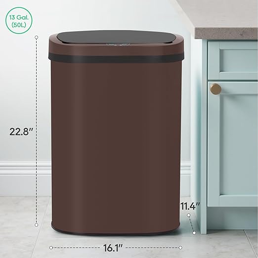 BestOffice | 13 Gallon Stainless Steel Trash Can with Lid | Brown | Automatic Touchless Garbage Can | Odor Control | Modern Oval Design | Easy to Clean | Fits Any Kitchen, Bathroom, Office or Home