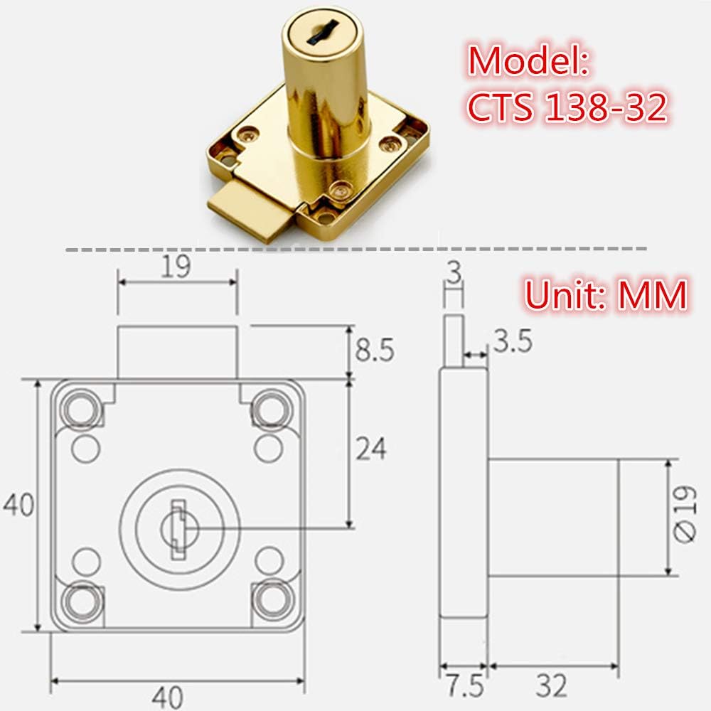 Drawer Lock Letter Box Lock Desktop Lock Door Lock, Model CT-138-32, ((Hole Diameter 0.75 inch / 19MM) for Door Panels with a Thickness of 27 mm-32 mm. 1pcs [Gold Yellow]