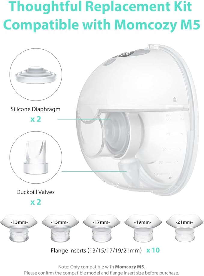 Wearable Breast Pump Replacement Set, 2PCS Duckbill Valves, 2PCS Diaphragms & 10PCS Flange Inserts, Compatible with Momcozy M5 (Not Original)