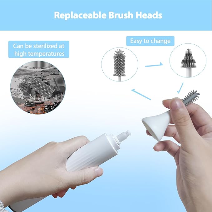 Electric Baby Bottle Brush Set with Rechargeable Electric Bottle Brush Cleaner and Replaceable Silicone Bottle Brushes and Straw Brush Cleaner, Waterproof Multi-Purpose Cleaning Brush (White)