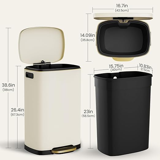 ELPHECO Kitchen Trash Can with Lid Soft Close, 13 Gallon / 50L Stainless Steel Pedal Garbage Can, Heavy-Duty Fingerprint Proof Step Wastebasket with 20 Bags, Removable Bucket, Home Office, Cream Beige
