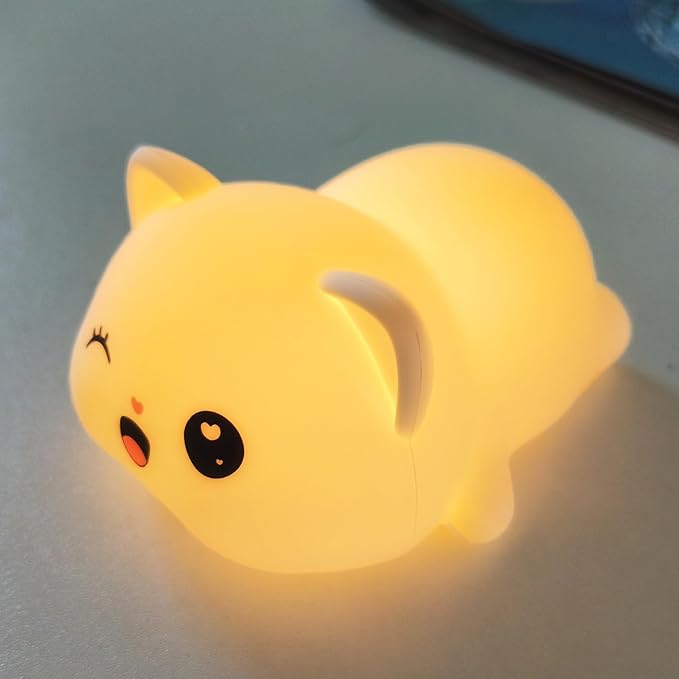 Colorful Life Cat Night Light for Kids, Silicone Tap Control LED Bedside Lamp, Soft Touch Sensor Kitty Light for Baby Girls Boys, USB Rechargeable Nightlight(Light up When patted)