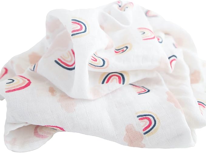 RED ROVR 100% Certified Organic Cotton Muslin Swaddle | Newborn Receiving Blanket | Baby Wrap | Boy, Girl, Unisex | Soft, Lightweight, Breathable | Burping, Nursing, Swaddling | 44" x 44" | Rainbows