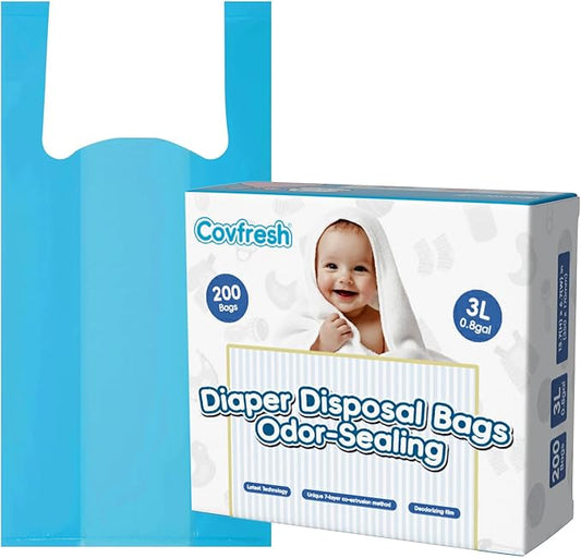 Odor Sealing Disposable Diaper Bags with Tie Handle, 200 count, Large Capacity, Unscented & Durable Diaper Trash Bags for Home & Baby Travel Use (Color:Blue)