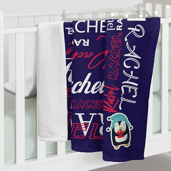 Personalized Baby Blanket with Name for Unisex Boys Girls, Navy Blue Penguin Bed Throws Newborn, Customized Blanket with Name Gift for Christmas Birthday, Super Soft Nursery Blankets for Kids Teens