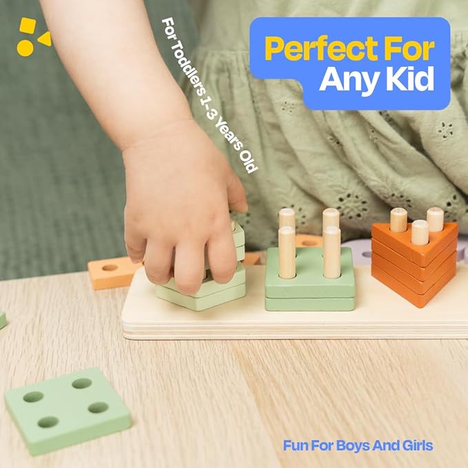 ANGORA BRANDS Stacking Toy for Toddlers - Wooden Shape & Color Sorting - Montessori, Educational, Development Toy by Playfully