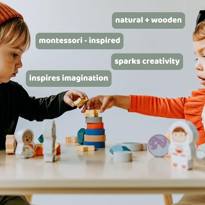 Toddler 30 Piece Stacking Wood Blocks Space Gift - Montessori 2 Year Old Fine Motor Skills Toy Learning Stacking Shape Sorter Sensory Preschool Busy Journey to the Moon (Block Set, Wood)
