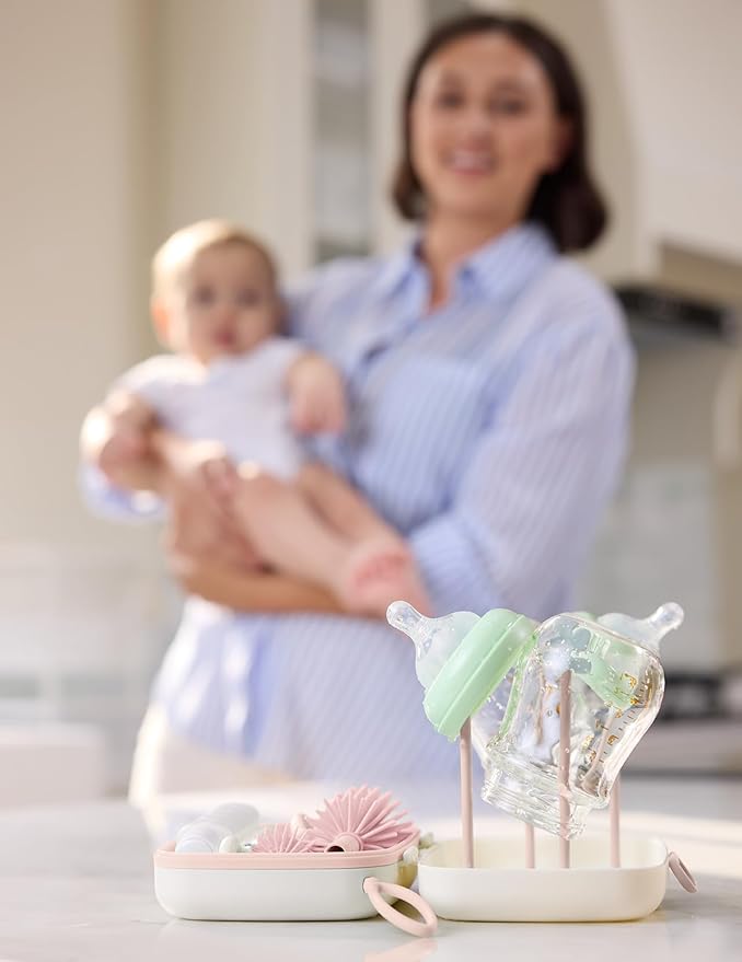 Momcozy Baby Bottle Brush Set, Cleaner Kit with Silicone Nipple Straw Brush, Soap Dispenser, Drying Rack - 7 in 1 Bottle Cleaning Tool for Home and Travel, Pink