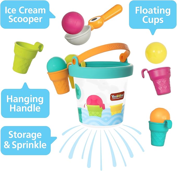 Yookidoo Ice Cream Bucket - Baby Bath Toys Scoop 'N' Splash Set with Floating Cups and Ice Cream Scooper - Water Toys for Toddlers Bathtime Fun