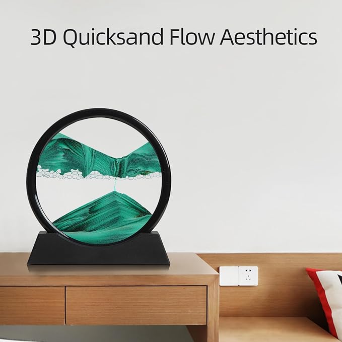 Moving Sand Art Liquid Motion, 3D Deep Sea Sandscape Color Quicksand Decor, Round Glass Moving Sand Art Picture Relaxing Desktop Home Office Work Decor (Green, 7 inch)