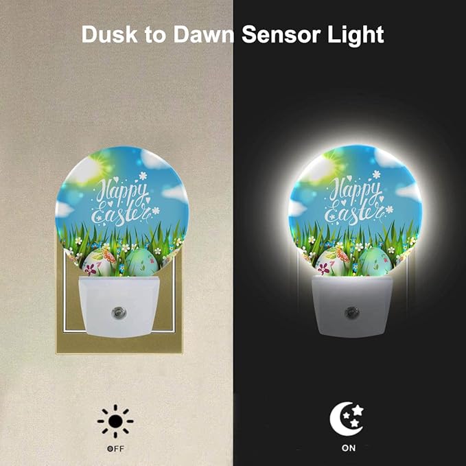 EKOBLA Easter Night Lights Plug into Wall Easter Colorful Eggs on Green Grass LED Dusk to Dawn Plug-in Nightlights Auto Sensor for Men Women Boys Girls
