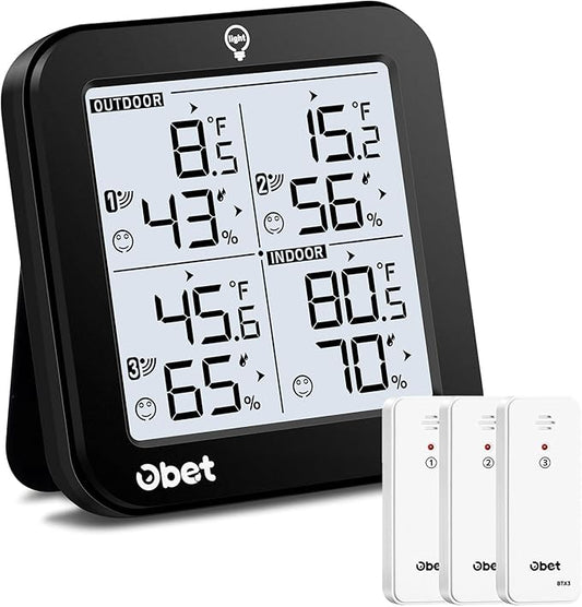 OBET Indoor Outdoor Thermometer Wireless with 3 Sensors Weather Station Temperature Humidity Monitor 500ft Range and Adjustable Backlight and Min Max Data Black