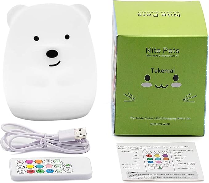 Night Light for Kids, Bedside Lamp for Children, Baby Nursery Lamp for Breastfeeding Safe, Break Resistant, Eye Caring, Adjustable Brightness & Color, Touch Control, Child Gift - Medium Bear