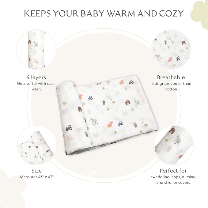 Muslin Baby Swaddle - Breathable Receiving Blankets for Newborn Baby, 70% Viscose derived from Bamboo, 30% Spandex, Imported
