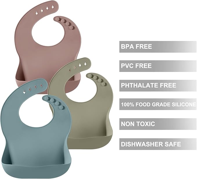 PandaEar 3 Pack Silicone Bibs for Babies - Waterproof, BPA Free, Soft Durable Bibs for eating with Pocket Food Catcher
