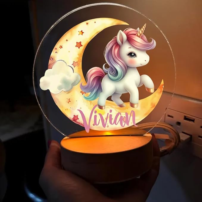 callie Acrylic Night Light Name Plate Personalized, Custom Cute Dreamy Mythical Beast with Wooden Base Bedroom Decor, Birthday Gifts Kid Gifts for Family (Cute Dreamy Mythical Beast)
