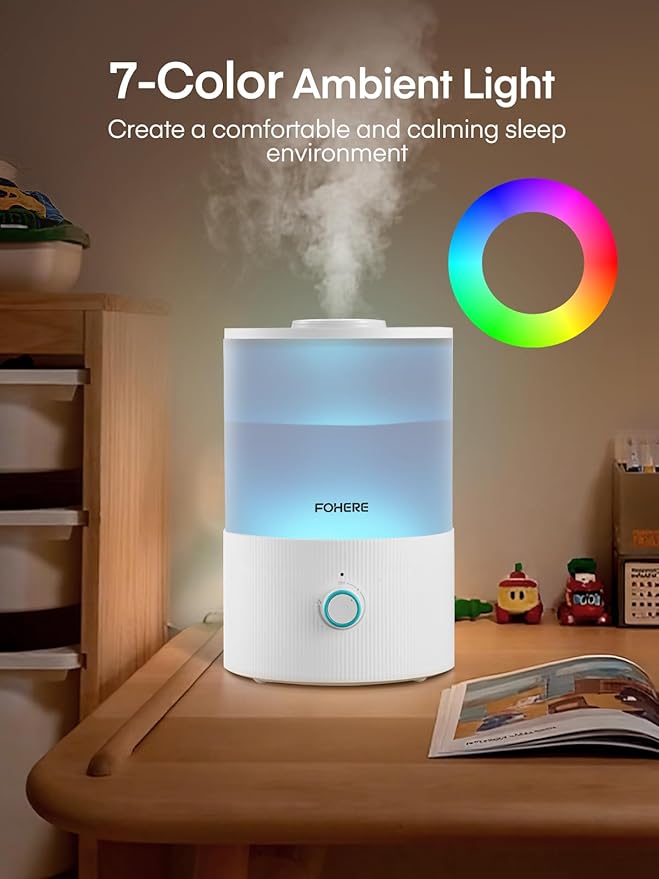 FOHERE Humidifier for Bedroom Baby, 3.2L Top Fill Cool Mist Humidifiers for Nursery, Home, 28H Ultra Quiet Runtime, Auto Shut-Off, Soft 7-Color Night Light, BPA-Free, Essential Oil Tray, White