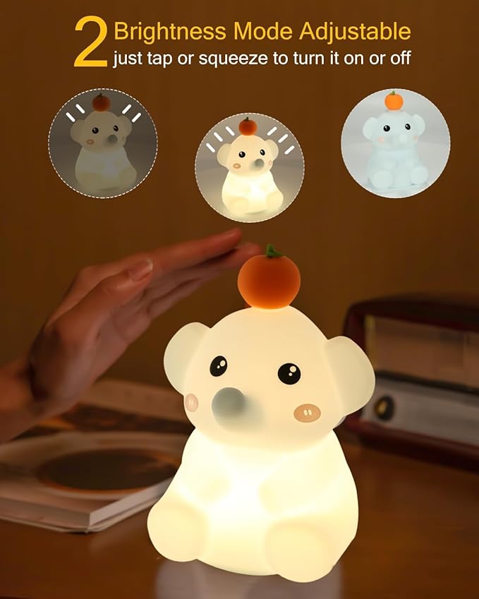 LED Night Light, Cute Squishy Elephant Lamp, Silicone Rechargeable Dimmable Nightlight for Nursery and Bedrooms, Elephant Gift for Women (White-Blue)