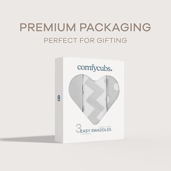 Comfy Cubs Easy Swaddle Blanket, 3 Pack - 100% Cotton Newborn Wrap, Large for 3-6 Months Infants, with Adjustable Velcro, Breathable and Durable Sleep Sack for Babies - Grey
