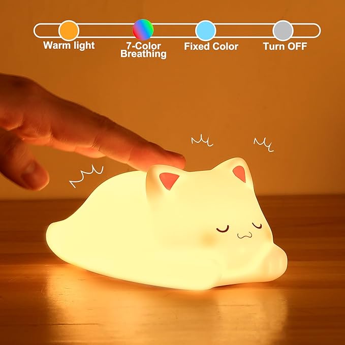 ZKLiLi Night Light for Kids Cute Cat Lamp,16 Colors+Tap+Remote+Silicone Kids Night Light,USB Rechargeable Cat Night Lights for Room Decoration
