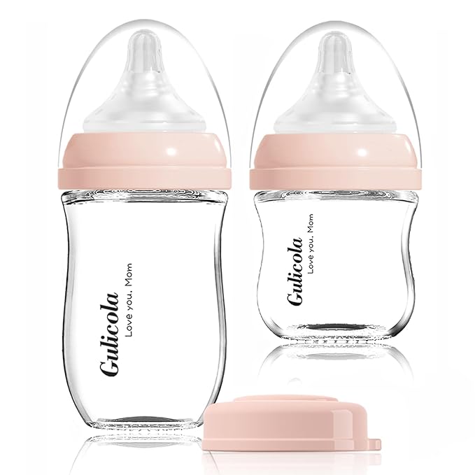 Gulicola Natural Glass Baby Bottle Newborn Set, 3 oz and 5 oz with Extra Slow Flow & Slow Flow Nipple, Anti Colic, 0-3 Months, 2 Pack - Pink