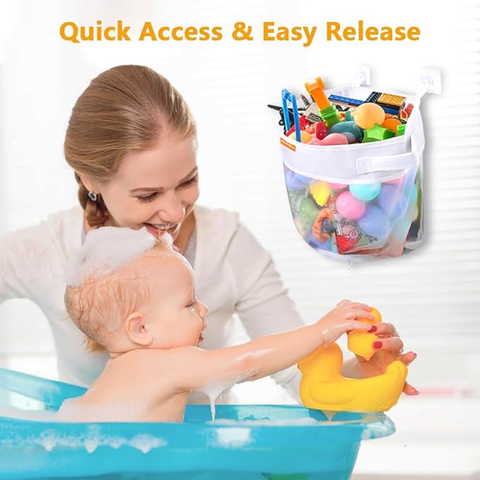Bath Toy Organizer – Large Capacity Mesh Storage with Wide Opening, Quick Release Bottom Zipper, Wall-Mounted & Foldable, Quick Dry Baby Bathtub Toy Holder, Multi-Use Bathroom Organizer