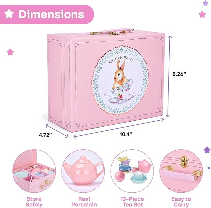 Jewelkeeper 13 Pieces Porcelain Tea Set for Little Girls with Pastel Picnic Basket - Mini Toddler Tea Sets for Girls 2 and Up - Real Cups, Teapot, and Saucers - Children Playset - Polka Dots Design