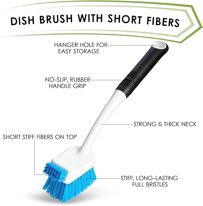Dish Brush Set of 3 with Water Bottle Brush, Dish Scrub Brush and Scrubber Brush, Long Handle Kitchen Scrub Brushes for Dishes, Bottles, Cups, Pots, Pans and Sinks, Round Head