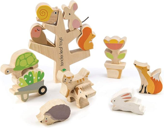 Tender Leaf Toys - Stacking Garden Friends - 14 Pcs Wooden Stacking & Balancing Toy & Educational Game with Free Travel Bag - Early Learning Develops Strategic Thinking & Fine Motor Skills - Age 18m+